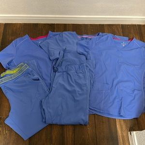 2 pairs of med couture scrub pants ceil color size xl and 3 med couture tops xxl